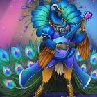 Anthropomorphic peacock playing lute in whimsical setting