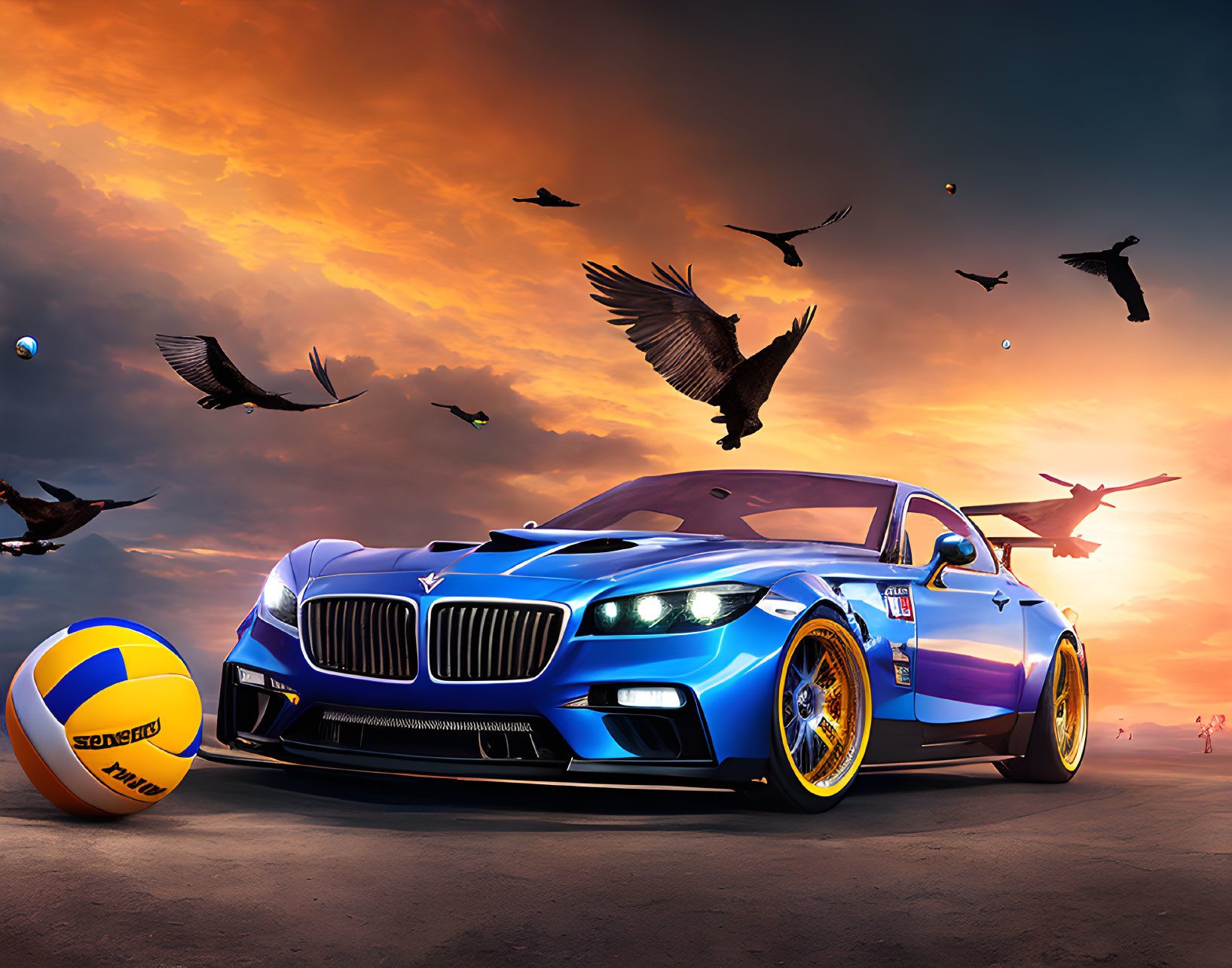 Customized Blue BMW Car in Fiery Sunset Scene with Beach Volleyball