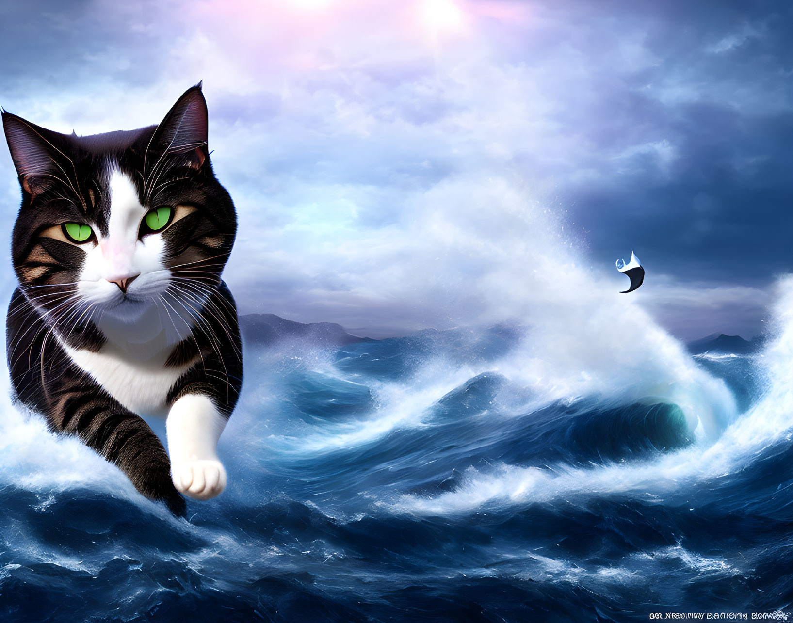 Surreal oversized cat amidst ocean waves with sailboat and stormy sky