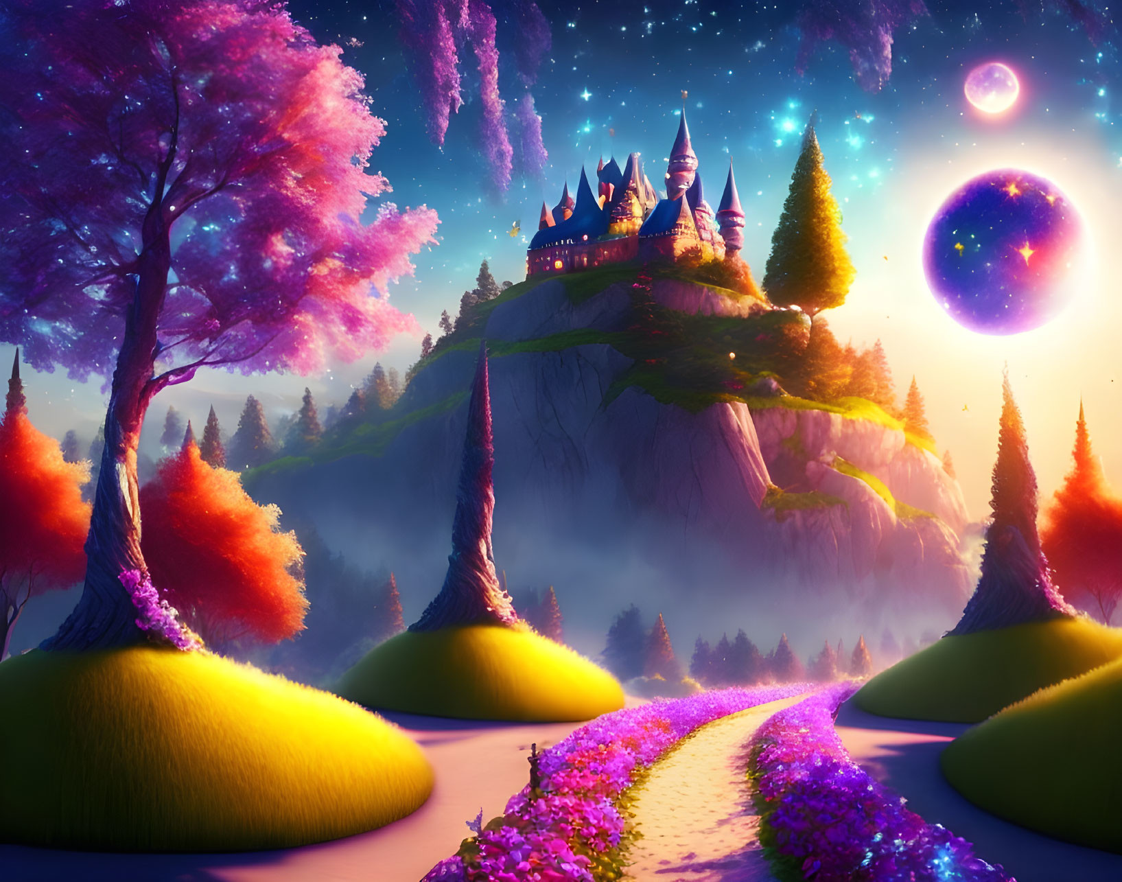 Enchanting floating island with magical castle under purple sky