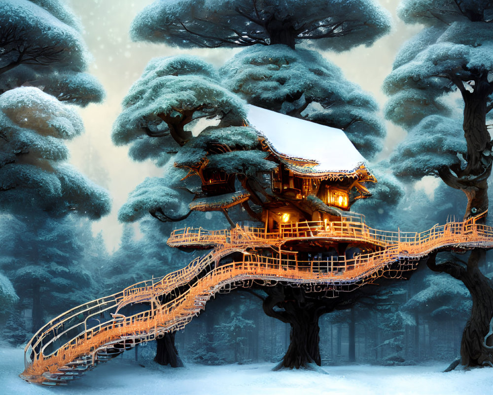 Snowy forest treehouse with glowing lanterns & staircase