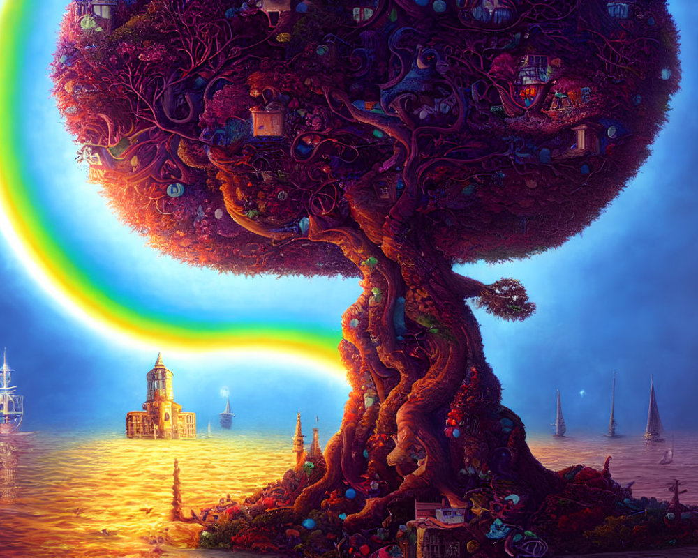 Whimsical tree, houses, rainbow, lighthouse, and ships on colorful landscape