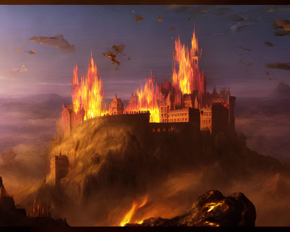 Burning castle on cliff in apocalyptic landscape