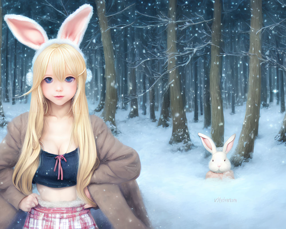 Blond Girl with Rabbit Ears in Snowy Forest Scene