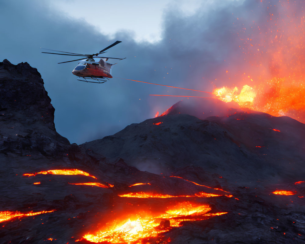 Helicopter flying near volcanic eruption with lava flows and ash bursts