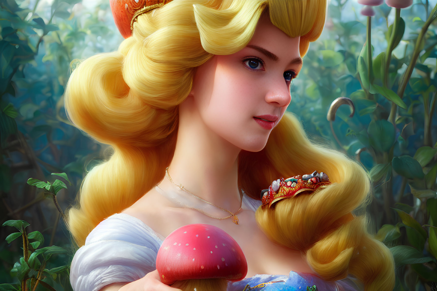 Blonde-Haired Princess with Red Mushroom in Forest