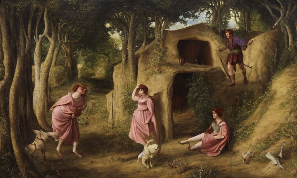 Classical painting with four figures in attire and dogs in wooded landscape