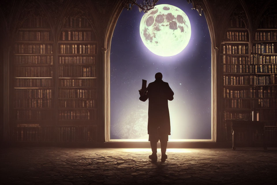 Silhouetted figure in grand library with book by large window at night