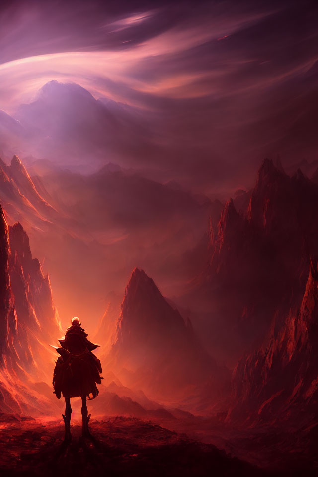 Knight in dramatic fiery fantasy landscape