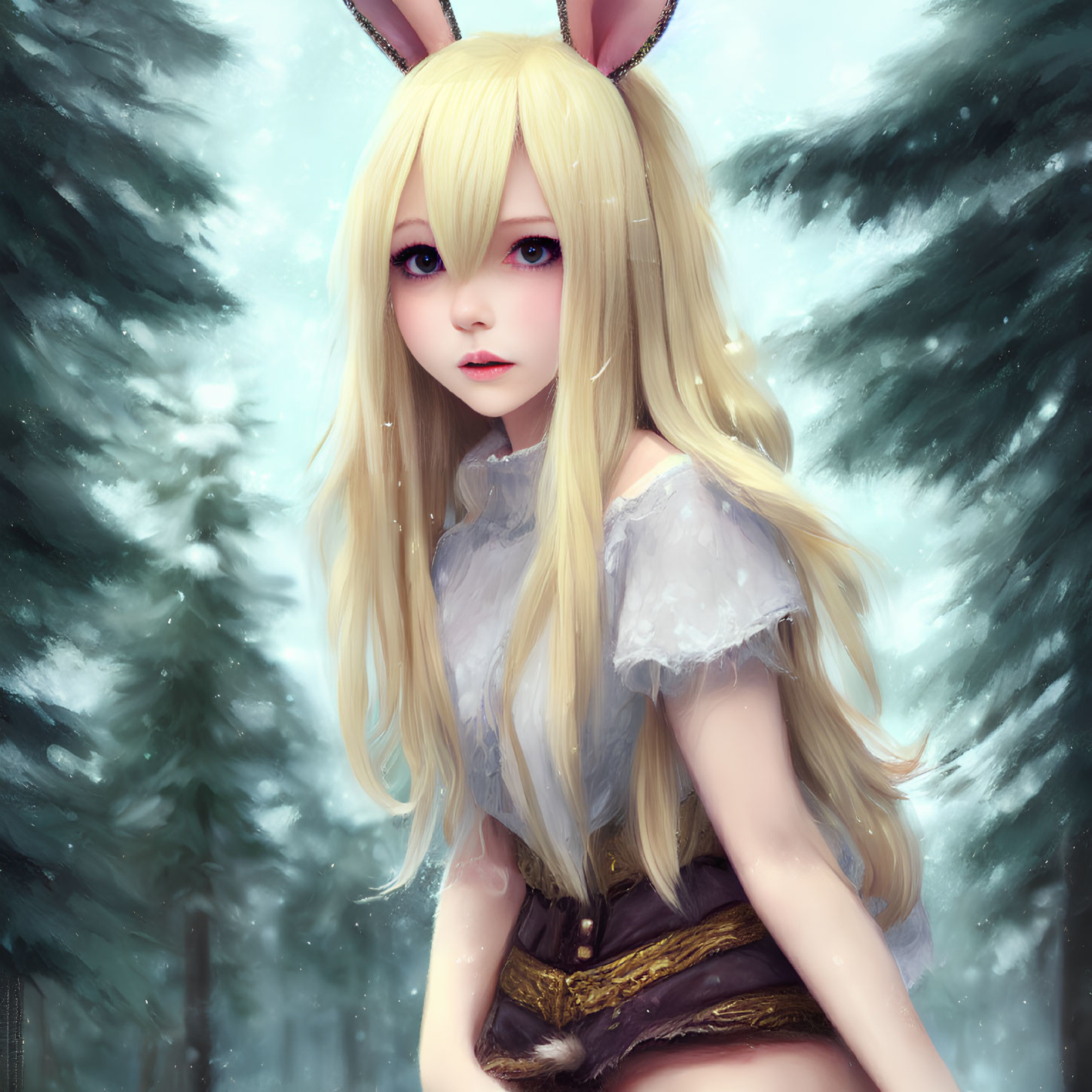 Stylized illustration of girl with rabbit ears and red eyes in wintry forest