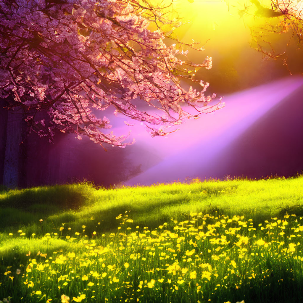 Sunlight Through Cherry Blossoms onto Vibrant Yellow Wildflowers