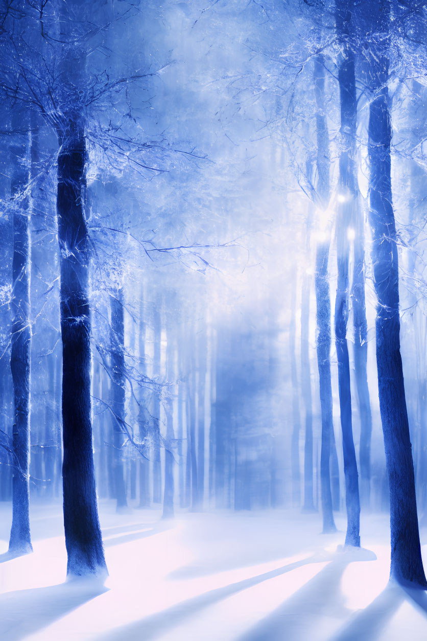 Snowy Forest Scene: Blue Tint, Sunlight Filtering Through Trees
