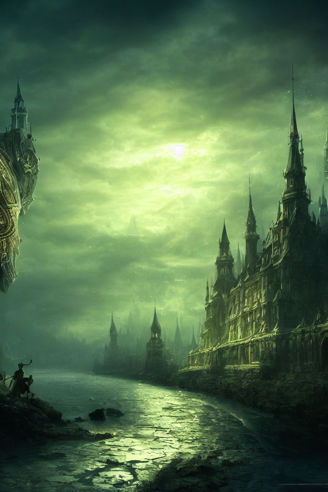 Mystical green-hued cityscape with gothic buildings and luminous celestial body