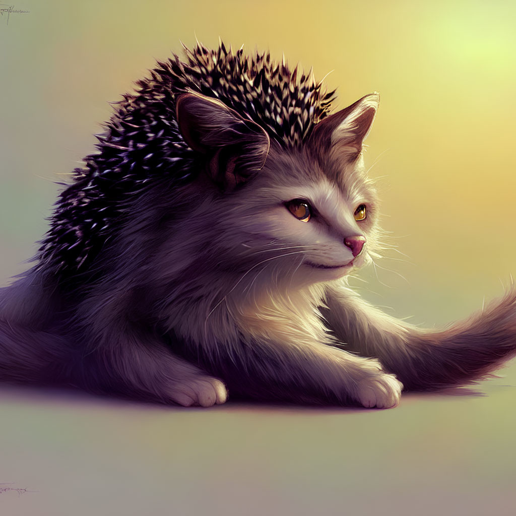 Hybrid animal digital artwork: hedgehog spines with feline features on gradient backdrop
