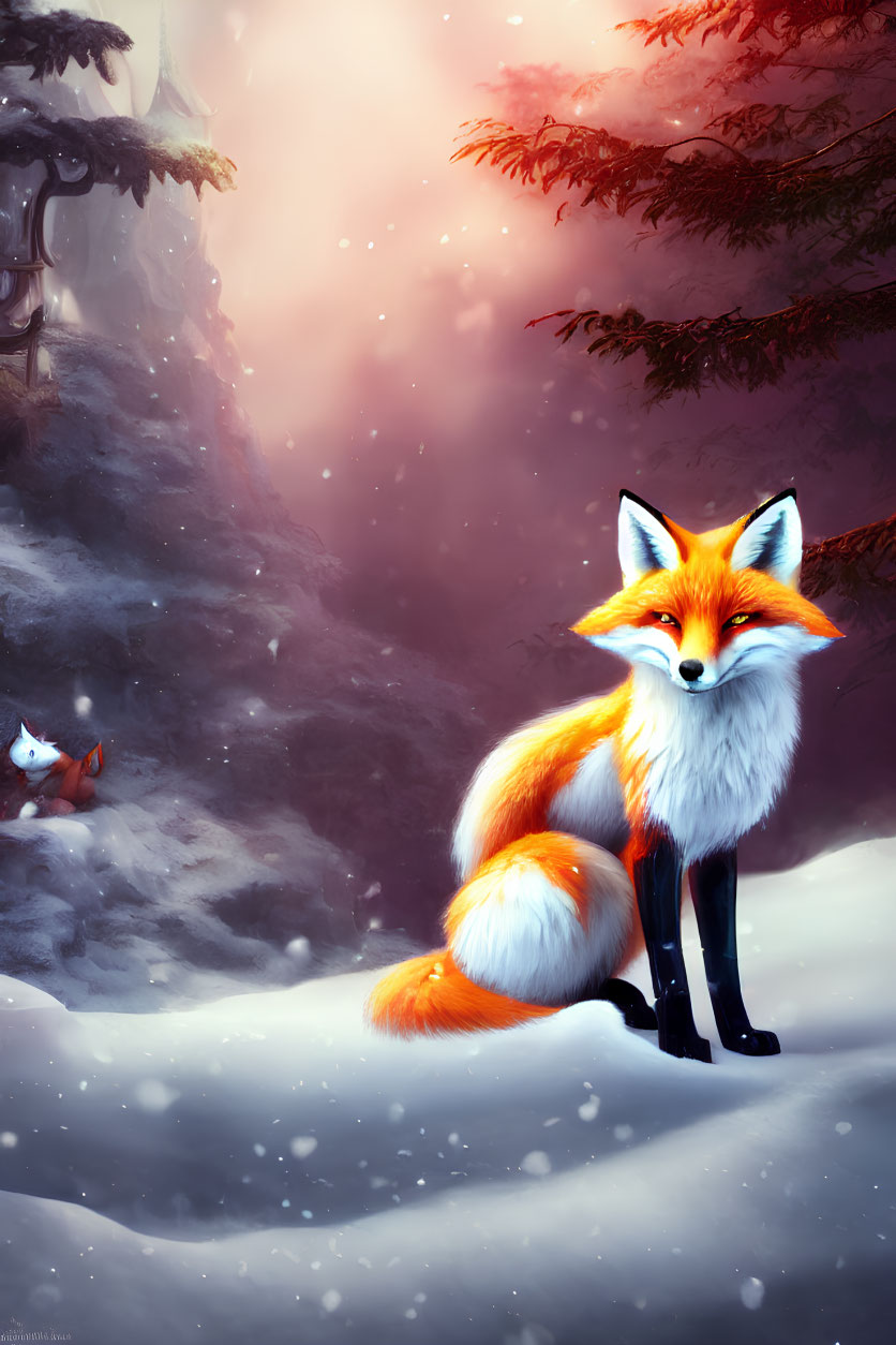 Vibrant orange fox in snowy forest with white fox, red-leafed trees