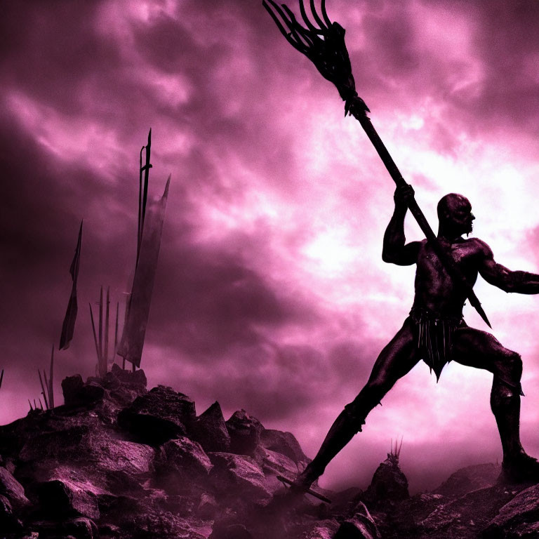 Muscular figure with trident on rugged terrain under pink and purple sky