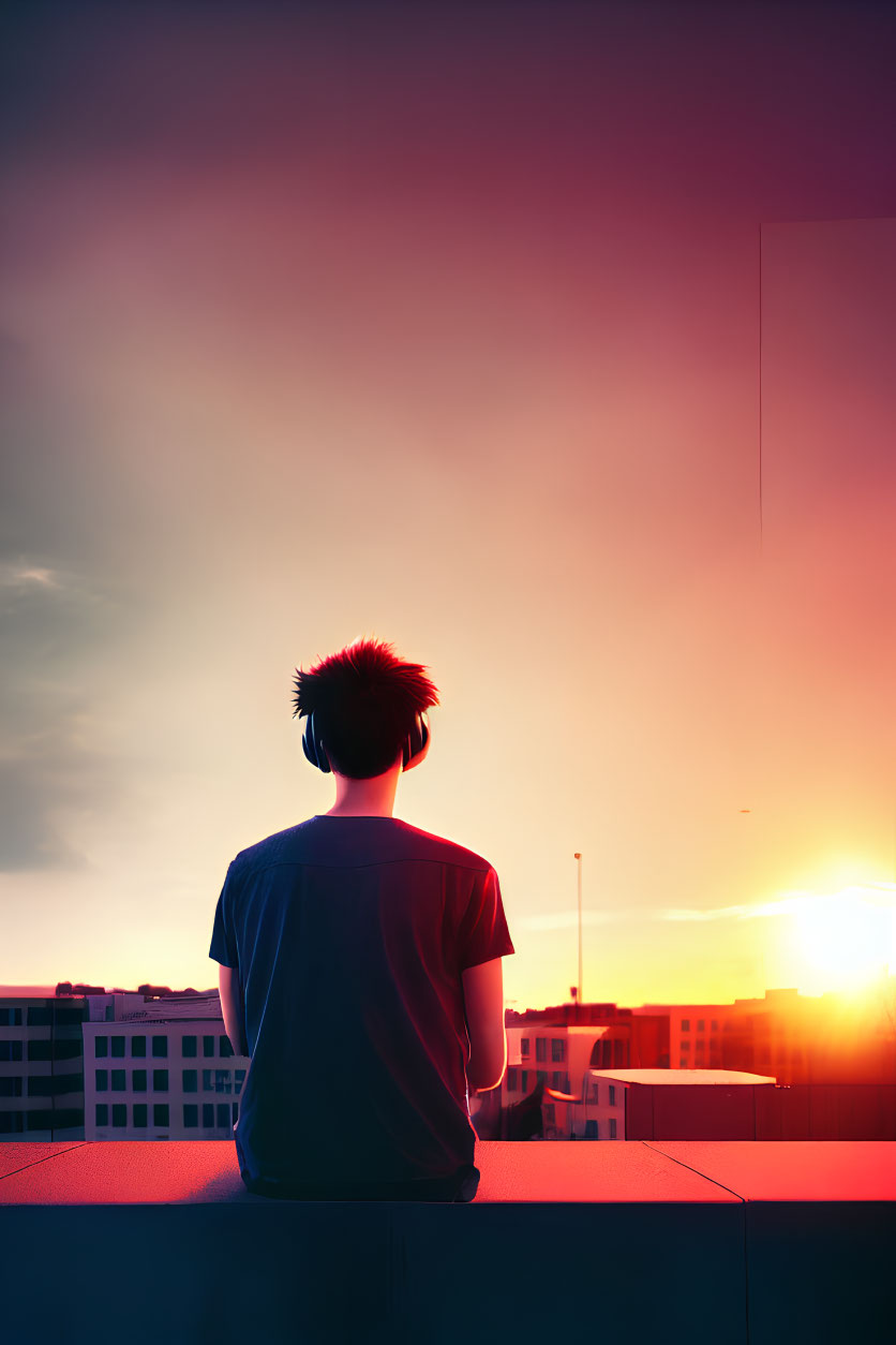 Person admires vibrant pink and orange sunset from urban rooftop.