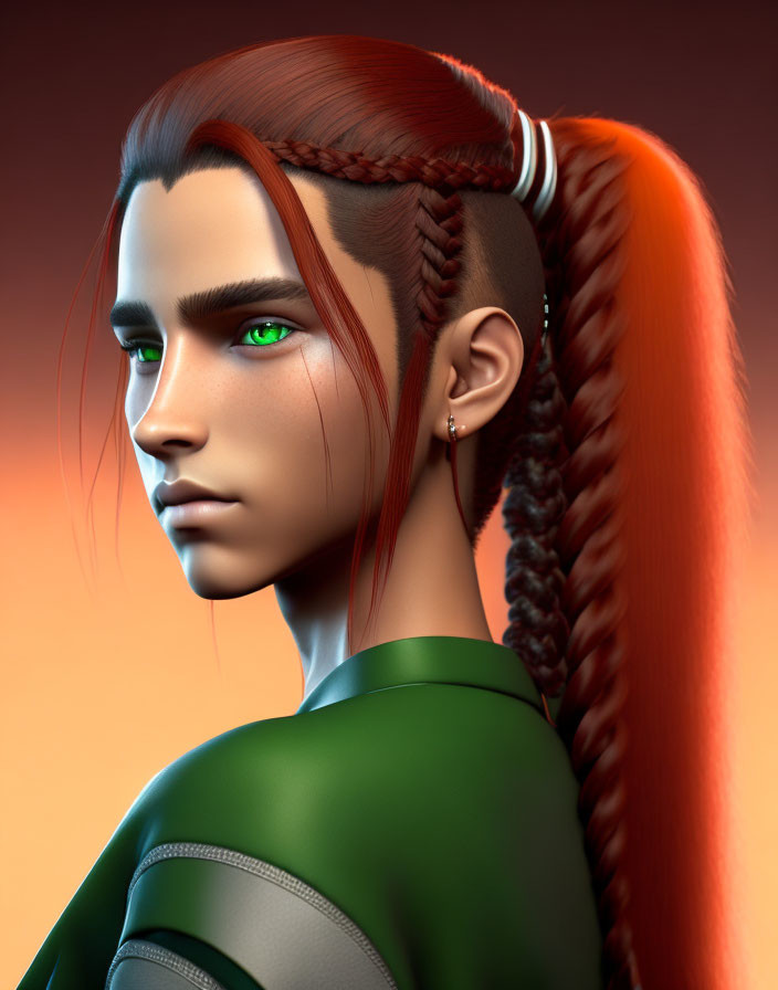 Person with Green Eyes and Red Braided Hair in Green Jacket on Orange Background