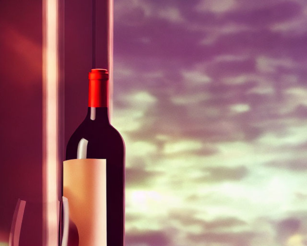 Red wine bottle and glass on windowsill with twilight sky