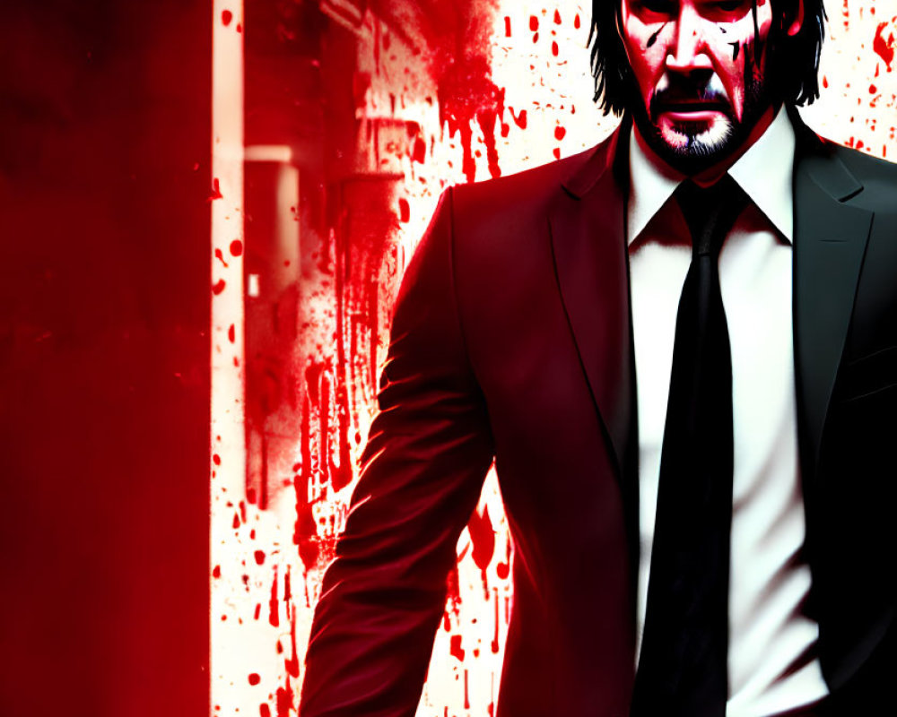 Stylized image of man in suit with gun on red background