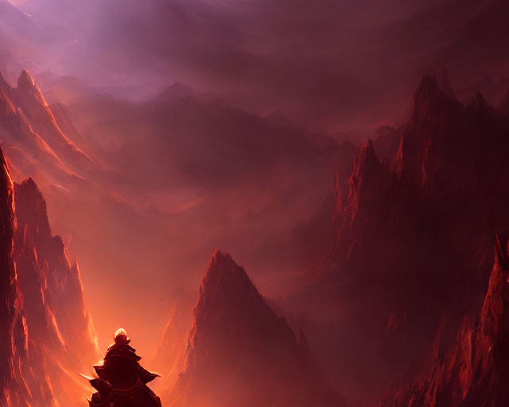 Knight in dramatic fiery fantasy landscape