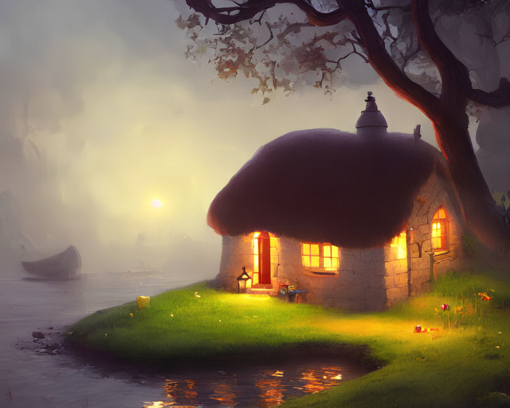 Thatched roof cottage by serene lake at sunset