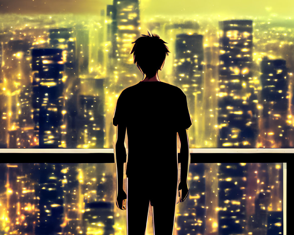 Silhouetted figure on balcony gazes at vibrant cityscape at night