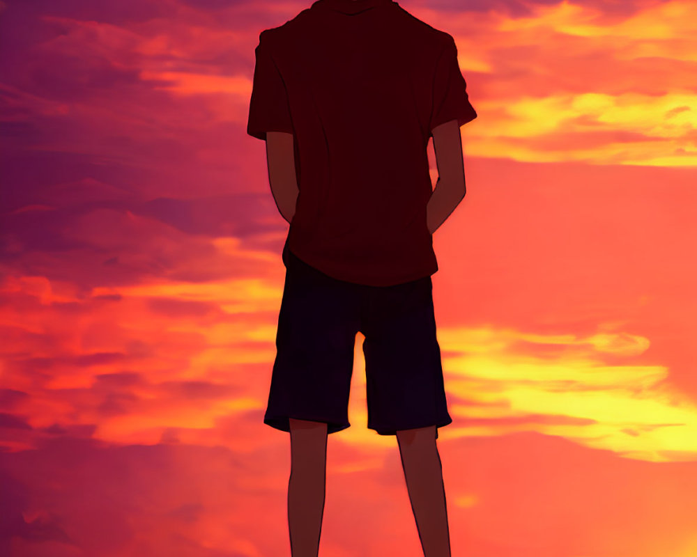 Silhouette against vibrant sunset with red and purple hues.