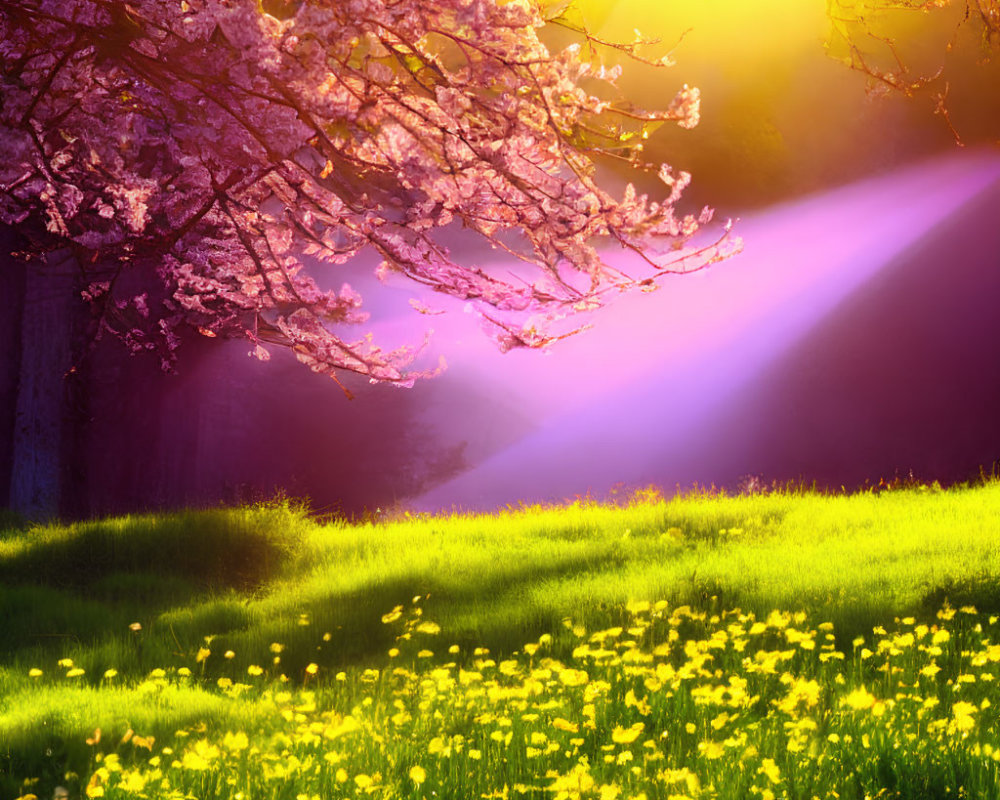 Sunlight Through Cherry Blossoms onto Vibrant Yellow Wildflowers