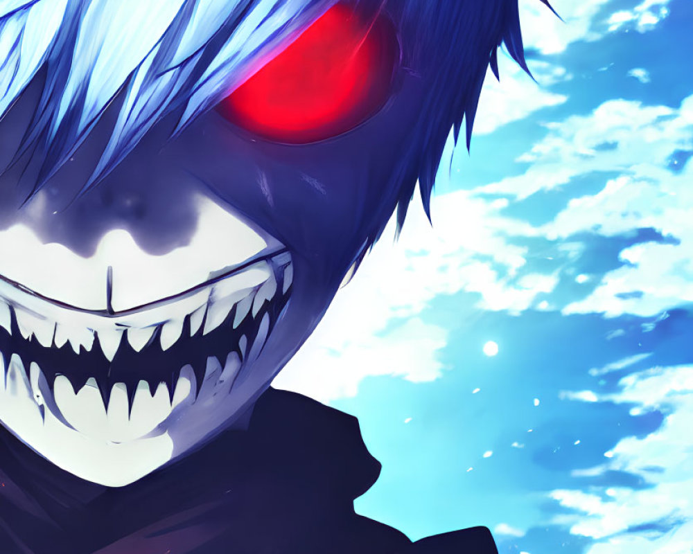 Menacing character with blue hair, red eye, toothy grin on starry night sky.