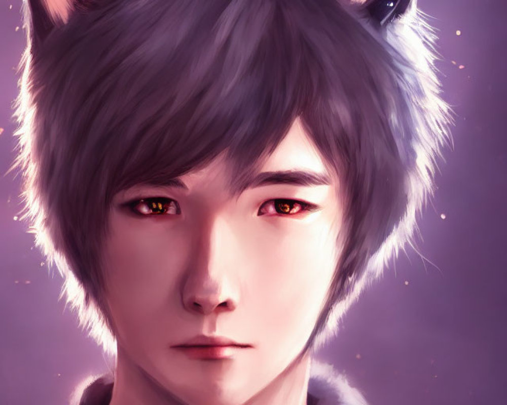 Digital illustration: Person with wolf ears and amber eyes on warm purple backdrop
