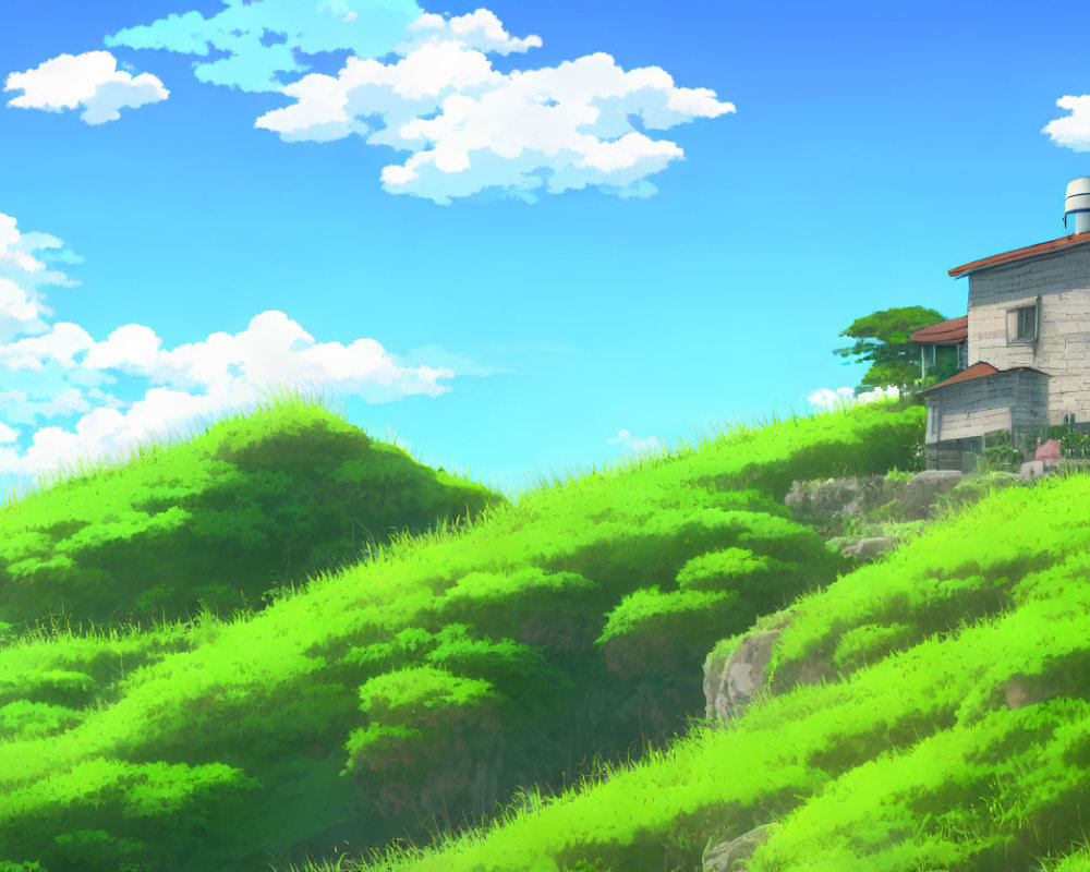 Tranquil landscape: house on green hill under blue sky