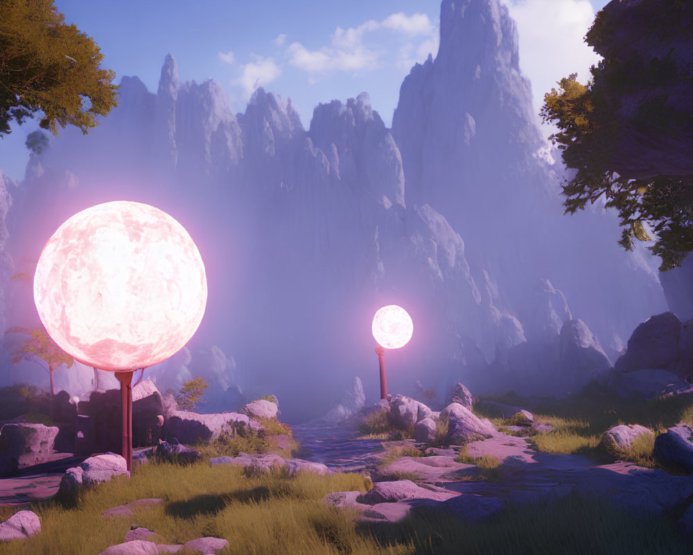 Fantastical landscape with glowing orbs, lush greenery, and towering mountains