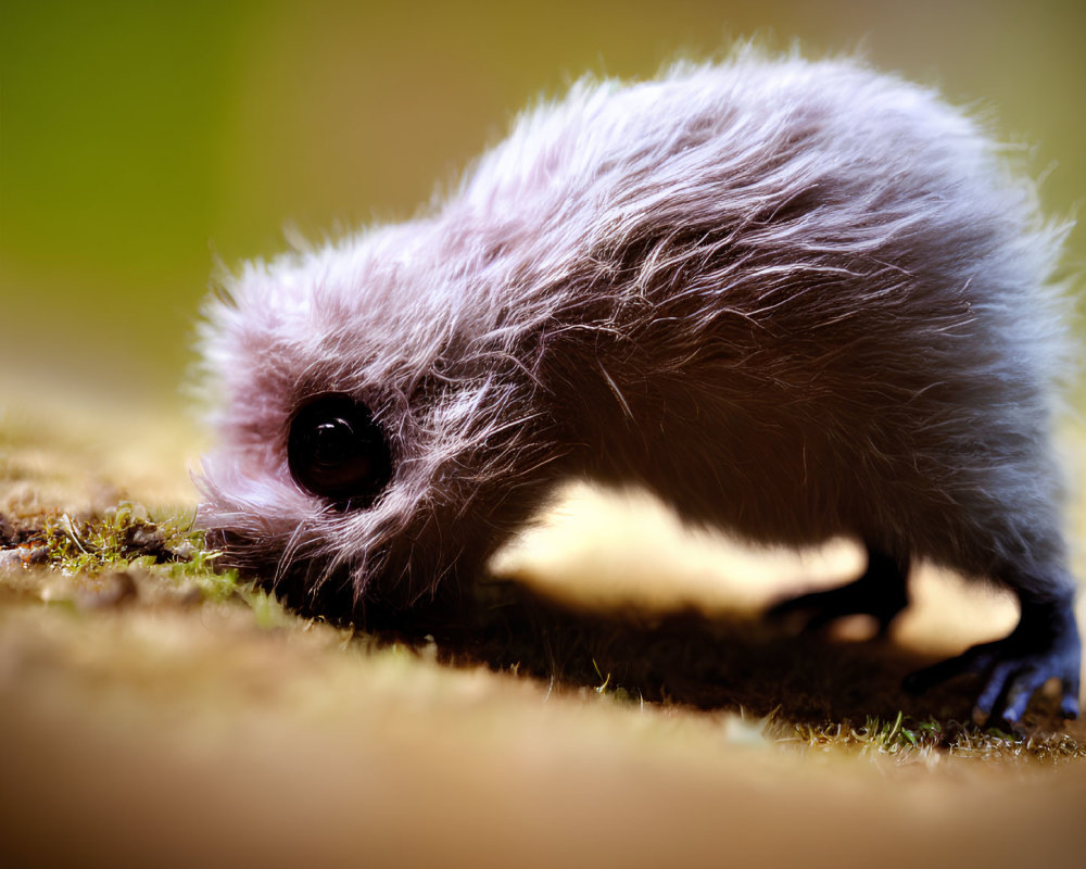 Fluffy Purple Creature with Large Eye Foraging on Mossy Surface
