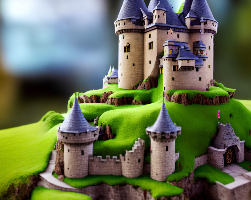 Miniature Fantasy Castle with Gray Towers on Green Hills
