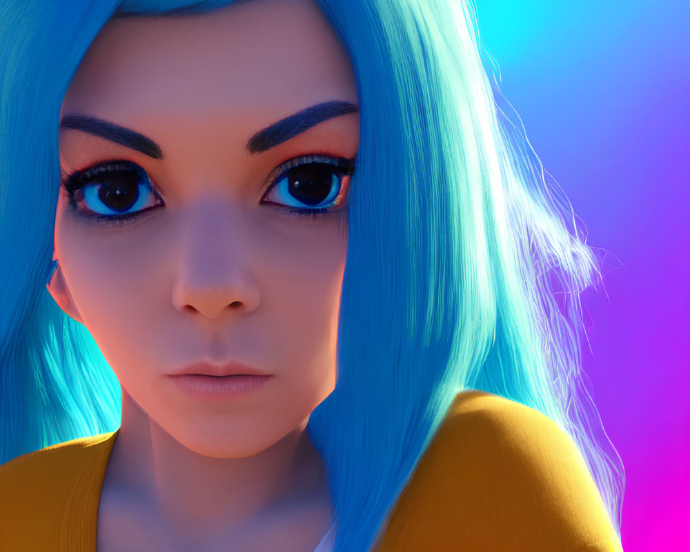 Vivid Blue Hair Female Character on Neon Gradient Background