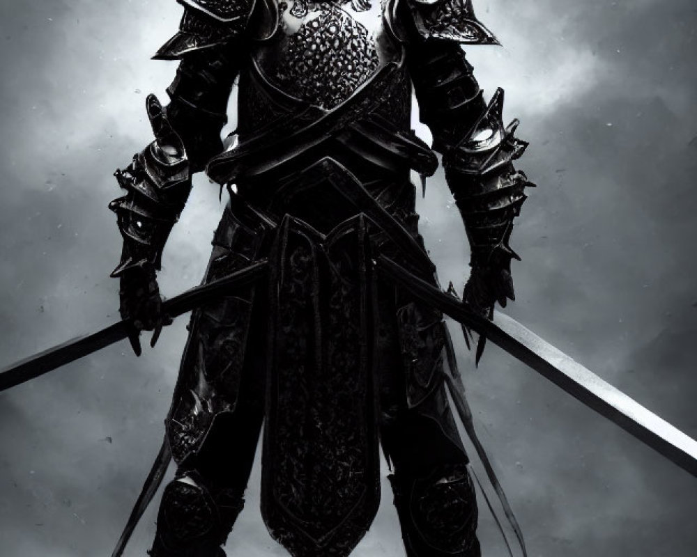 Foreboding knight in black armor with long sword on misty backdrop