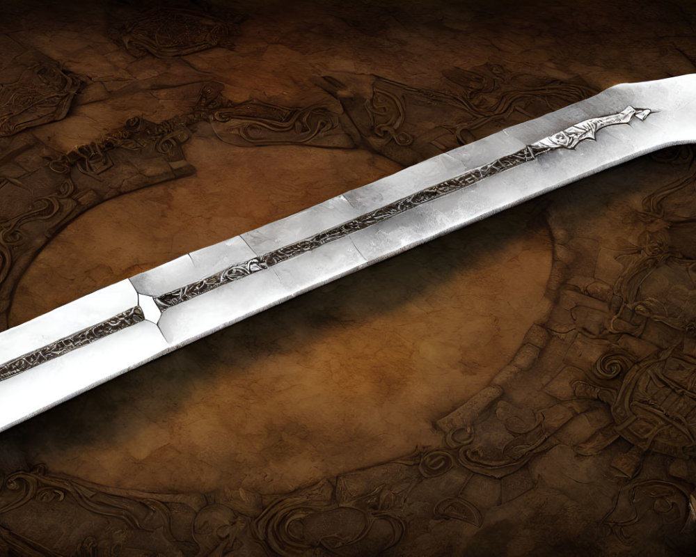 Intricate silver sword on textured brown parchment with ancient map illustrations
