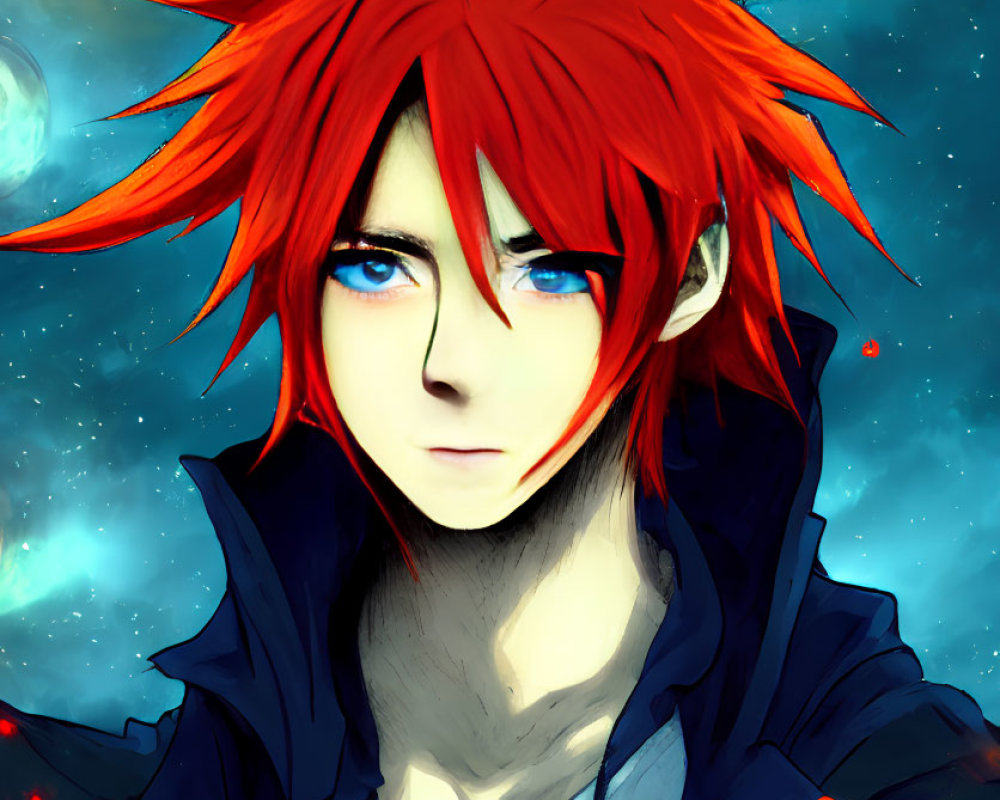 Anime character with red hair in hoodie on cosmic backdrop