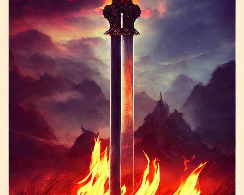 Ornate flaming sword in fiery mountain scene