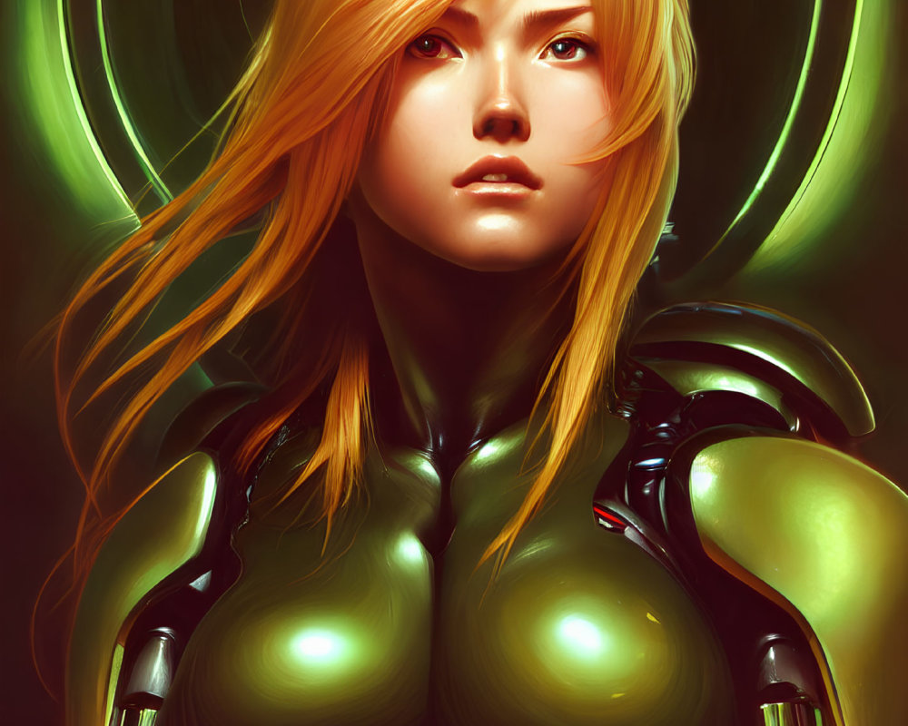 Blonde-haired female character in futuristic green armor on dark background