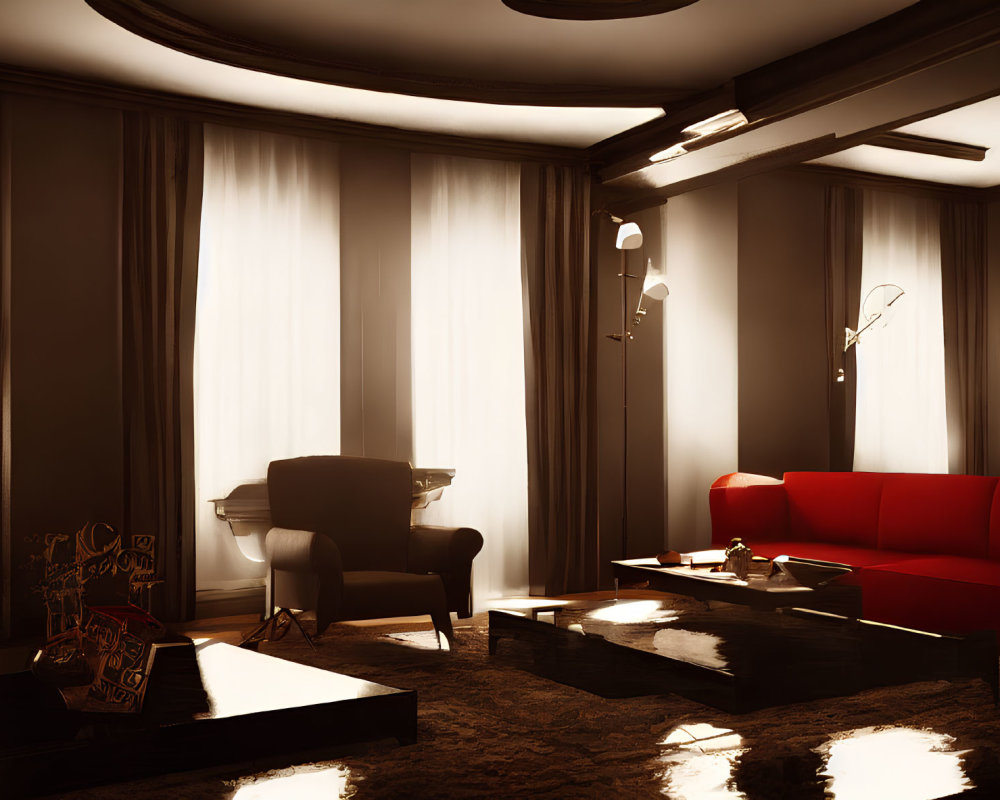 Modern living room with red sofa and glowing lights at dusk