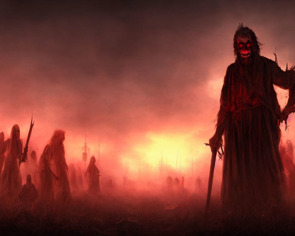 Sinister figures in mist with blood-red sky and menacing entity