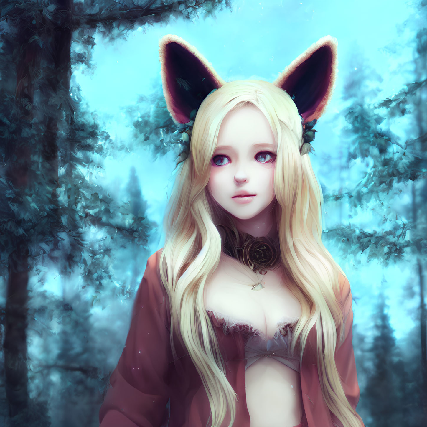 Blond-Haired Anime Character with Fox Ears in Mystic Forest