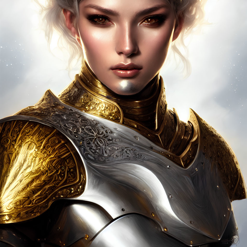 Digital art portrait of character with pale skin, white hair, ornate silver and gold armor.
