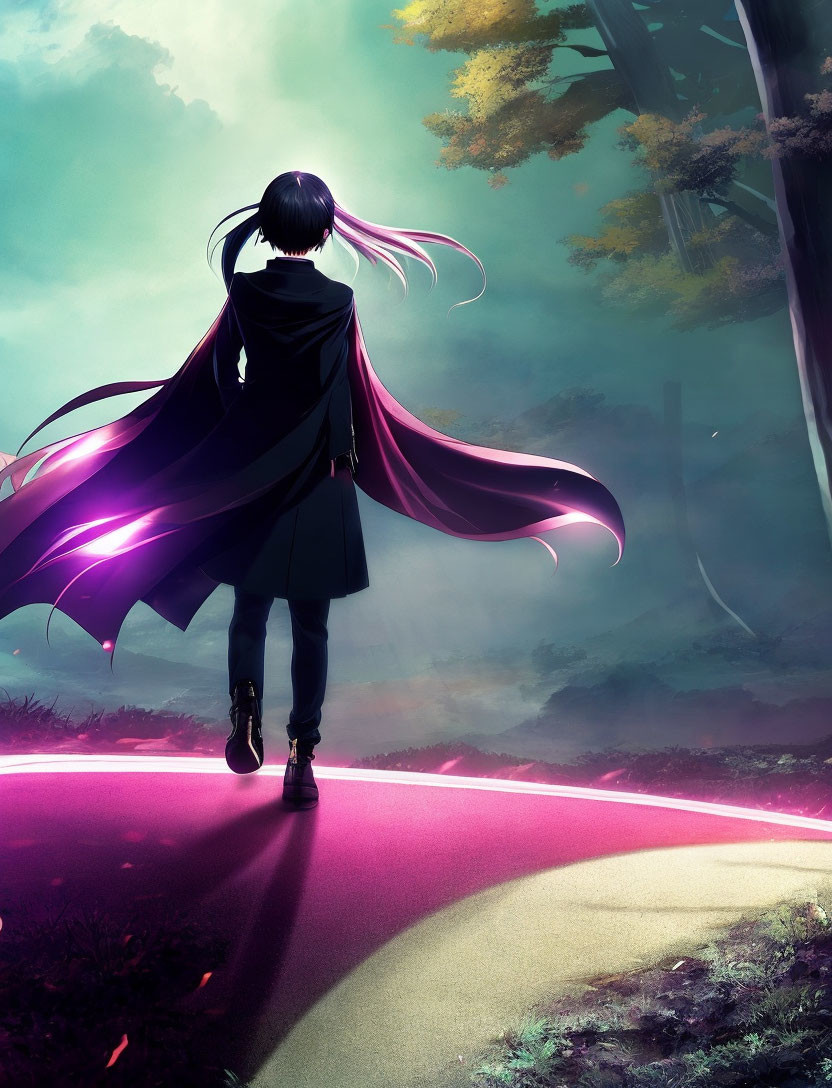 Purple-haired figure in long coat walks neon-lit path through misty forest.