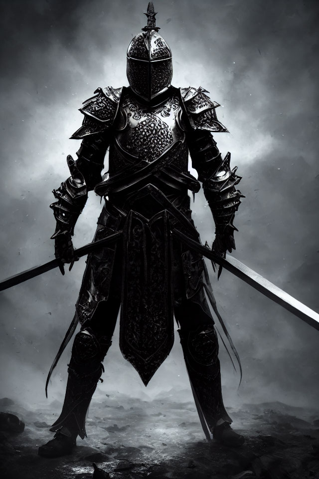 Foreboding knight in black armor with long sword on misty backdrop