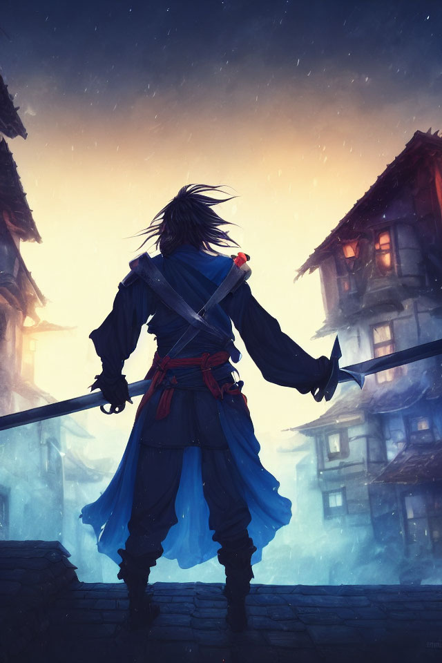 Traditional samurai in attire with sword gazes at misty village at dusk.