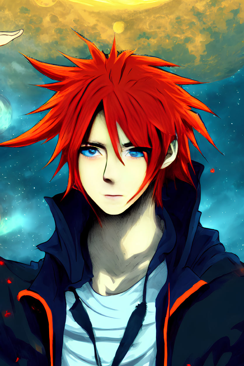 Anime character with red hair in hoodie on cosmic backdrop
