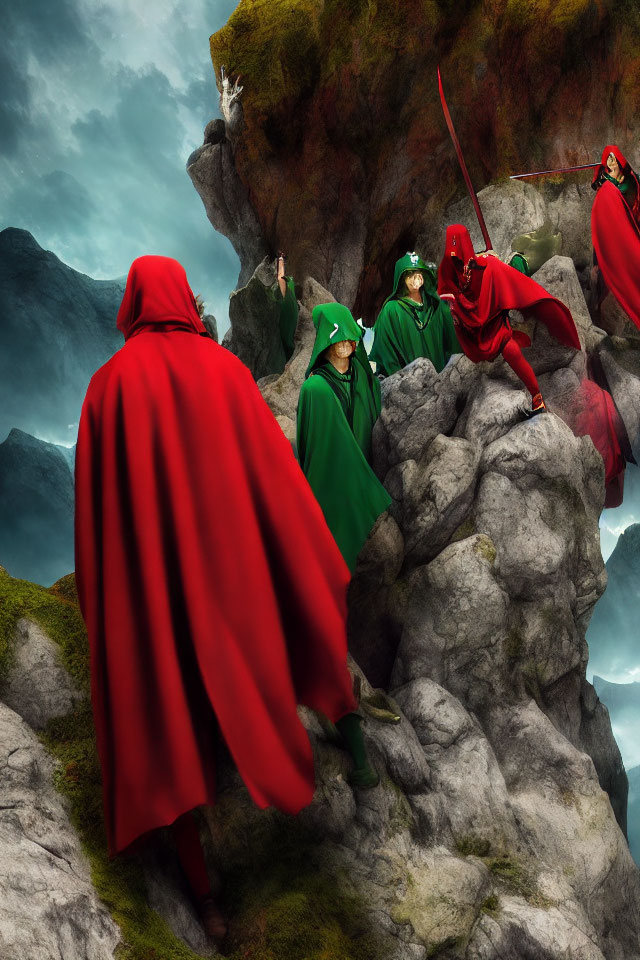 Red-caped figures face green-caped figures on rocky outcrop under dramatic sky